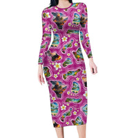 Hawaiian Island Shapes-Iconic Landscape Family Matching Long Sleeve Bodycon Dress and Hawaiian Shirt with Plumeria and Palaka Pink Color