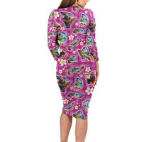 Hawaiian Island Shapes-Iconic Landscape Family Matching Long Sleeve Bodycon Dress and Hawaiian Shirt with Plumeria and Palaka Pink Color