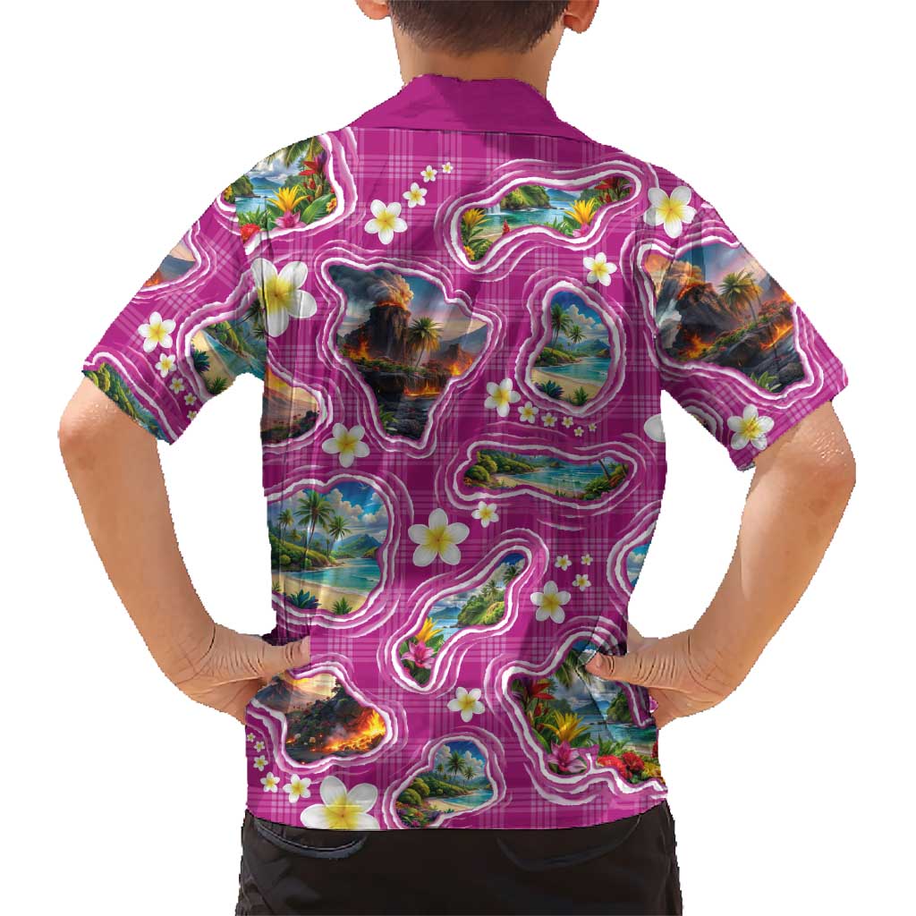 Hawaiian Island Shapes-Iconic Landscape Family Matching Off The Shoulder Long Sleeve Dress and Hawaiian Shirt with Plumeria and Palaka Pink Color LT03 - Polynesian Pride