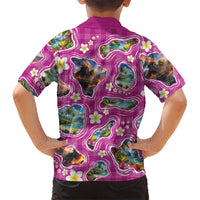 Hawaiian Island Shapes-Iconic Landscape Family Matching Off The Shoulder Long Sleeve Dress and Hawaiian Shirt with Plumeria and Palaka Pink Color LT03 - Polynesian Pride