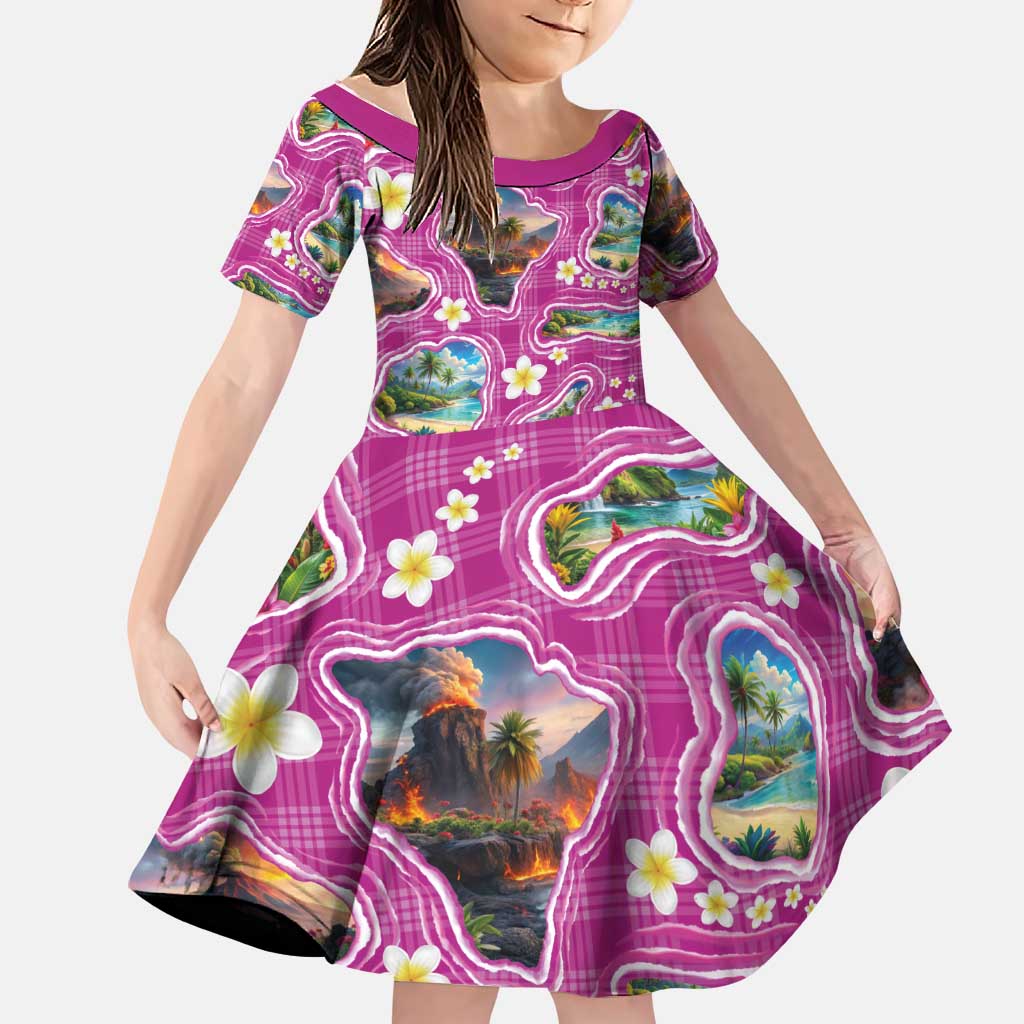 Hawaiian Island Shapes-Iconic Landscape Family Matching Off The Shoulder Long Sleeve Dress and Hawaiian Shirt with Plumeria and Palaka Pink Color LT03 Daughter's Dress Pink - Polynesian Pride
