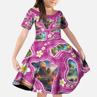Hawaiian Island Shapes-Iconic Landscape Family Matching Off The Shoulder Long Sleeve Dress and Hawaiian Shirt with Plumeria and Palaka Pink Color LT03 Daughter's Dress Pink - Polynesian Pride