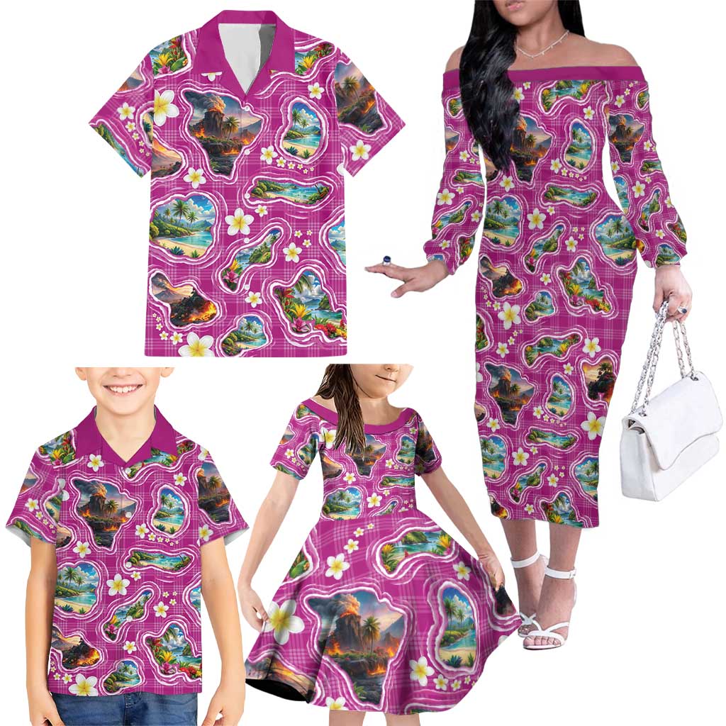 Hawaiian Island Shapes-Iconic Landscape Family Matching Off The Shoulder Long Sleeve Dress and Hawaiian Shirt with Plumeria and Palaka Pink Color LT03 - Polynesian Pride