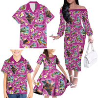 Hawaiian Island Shapes-Iconic Landscape Family Matching Off The Shoulder Long Sleeve Dress and Hawaiian Shirt with Plumeria and Palaka Pink Color LT03 - Polynesian Pride