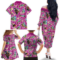 Hawaiian Island Shapes-Iconic Landscape Family Matching Off The Shoulder Long Sleeve Dress and Hawaiian Shirt with Plumeria and Palaka Pink Color LT03 - Polynesian Pride