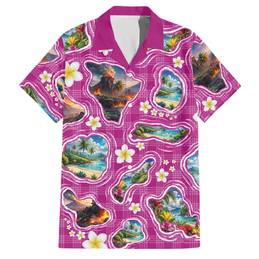 Hawaiian Island Shapes-Iconic Landscape Family Matching Off The Shoulder Long Sleeve Dress and Hawaiian Shirt with Plumeria and Palaka Pink Color LT03 Dad's Shirt - Short Sleeve Pink - Polynesian Pride