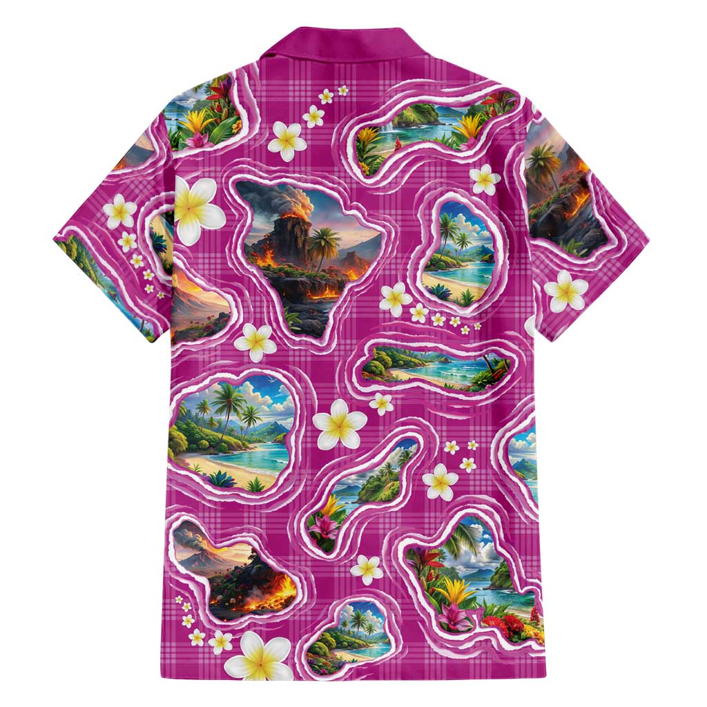 Hawaiian Island Shapes-Iconic Landscape Family Matching Off The Shoulder Long Sleeve Dress and Hawaiian Shirt with Plumeria and Palaka Pink Color LT03 - Polynesian Pride