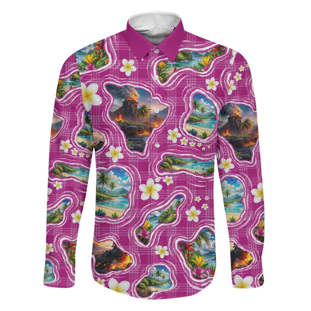 Hawaiian Island Shapes-Iconic Landscape Family Matching Off The Shoulder Long Sleeve Dress and Hawaiian Shirt with Plumeria and Palaka Pink Color LT03 Dad's Shirt - Long Sleeve Pink - Polynesian Pride