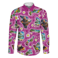 Hawaiian Island Shapes-Iconic Landscape Family Matching Off The Shoulder Long Sleeve Dress and Hawaiian Shirt with Plumeria and Palaka Pink Color LT03 Dad's Shirt - Long Sleeve Pink - Polynesian Pride