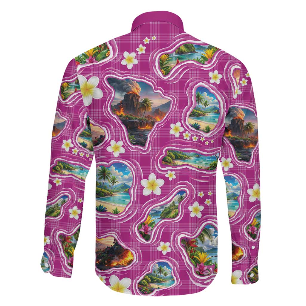 Hawaiian Island Shapes-Iconic Landscape Family Matching Off The Shoulder Long Sleeve Dress and Hawaiian Shirt with Plumeria and Palaka Pink Color LT03 - Polynesian Pride