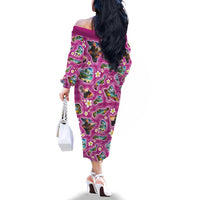Hawaiian Island Shapes-Iconic Landscape Family Matching Off The Shoulder Long Sleeve Dress and Hawaiian Shirt with Plumeria and Palaka Pink Color LT03 - Polynesian Pride
