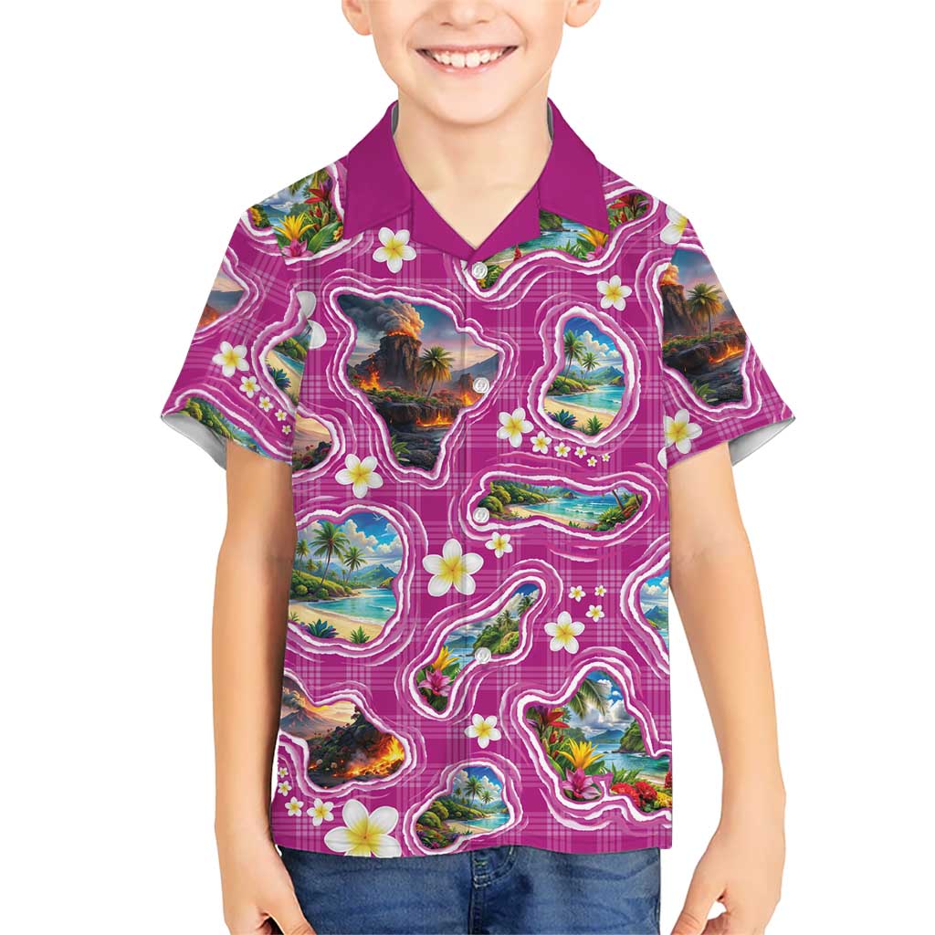 Hawaiian Island Shapes-Iconic Landscape Family Matching Off The Shoulder Long Sleeve Dress and Hawaiian Shirt with Plumeria and Palaka Pink Color LT03 Son's Shirt Pink - Polynesian Pride