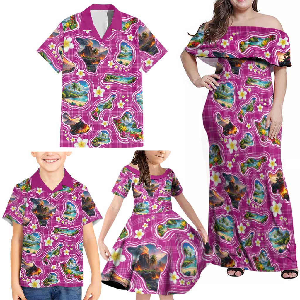Hawaiian Island Shapes-Iconic Landscape Family Matching Off Shoulder Maxi Dress and Hawaiian Shirt with Plumeria and Palaka Pink Color