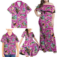Hawaiian Island Shapes-Iconic Landscape Family Matching Off Shoulder Maxi Dress and Hawaiian Shirt with Plumeria and Palaka Pink Color