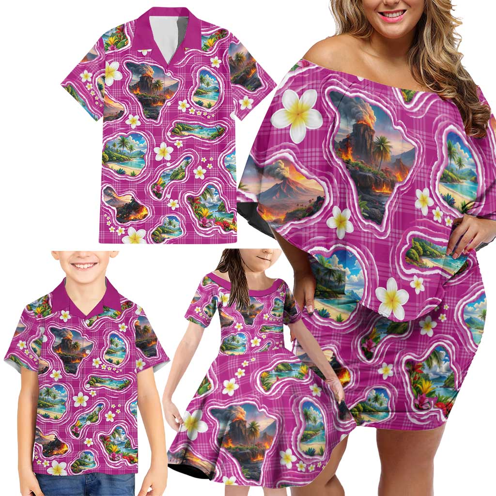 Hawaiian Island Shapes-Iconic Landscape Family Matching Off Shoulder Short Dress and Hawaiian Shirt with Plumeria and Palaka Pink Color