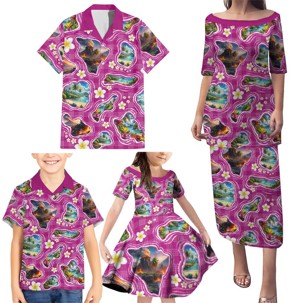 Hawaiian Island Shapes-Iconic Landscape Family Matching Puletasi and Hawaiian Shirt with Plumeria and Palaka Pink Color