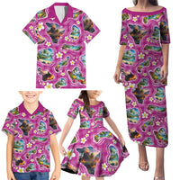 Hawaiian Island Shapes-Iconic Landscape Family Matching Puletasi and Hawaiian Shirt with Plumeria and Palaka Pink Color