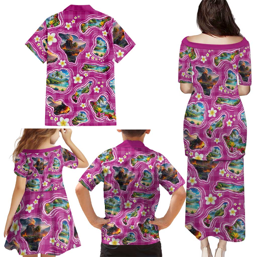 Hawaiian Island Shapes-Iconic Landscape Family Matching Puletasi and Hawaiian Shirt with Plumeria and Palaka Pink Color