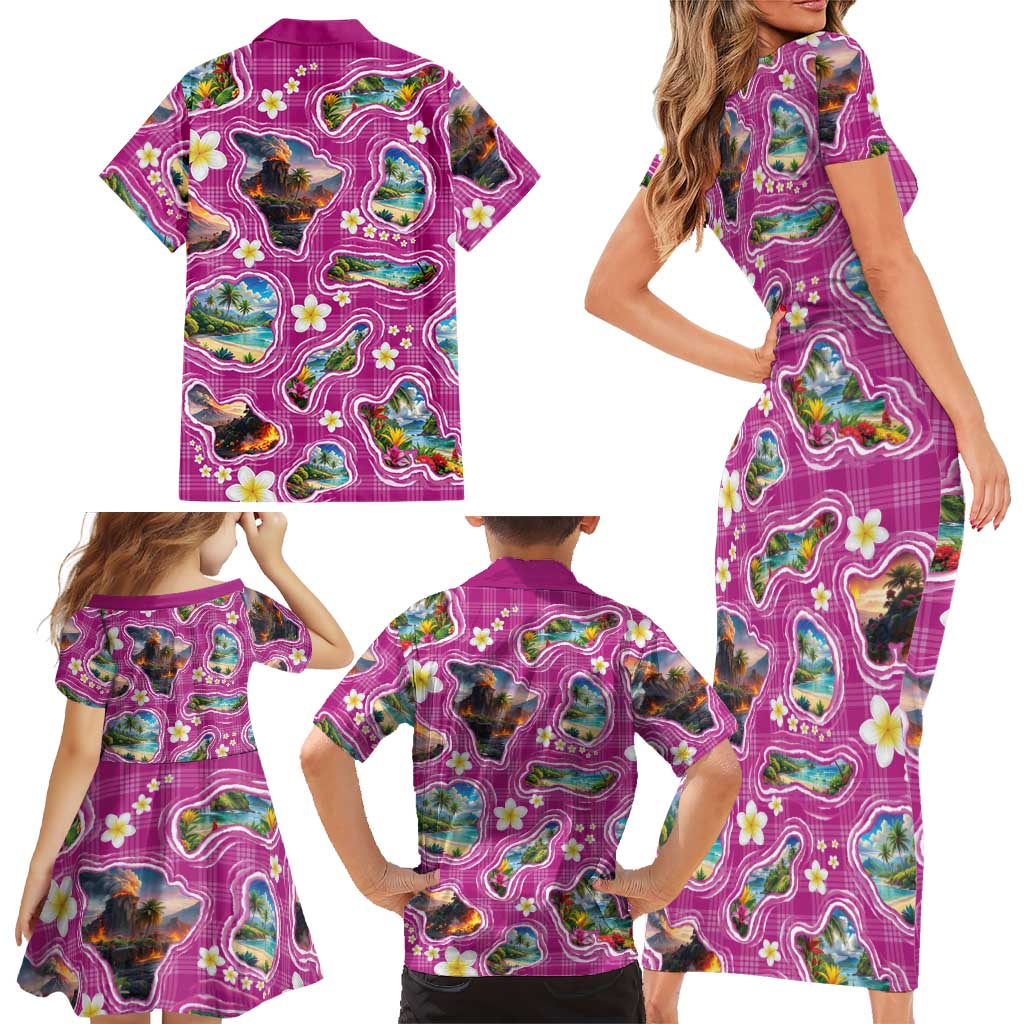 Hawaiian Island Shapes-Iconic Landscape Family Matching Short Sleeve Bodycon Dress and Hawaiian Shirt with Plumeria and Palaka Pink Color