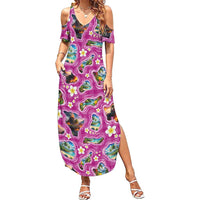 Hawaiian Island Shapes-Iconic Landscape Family Matching Summer Maxi Dress and Hawaiian Shirt with Plumeria and Palaka Pink Color