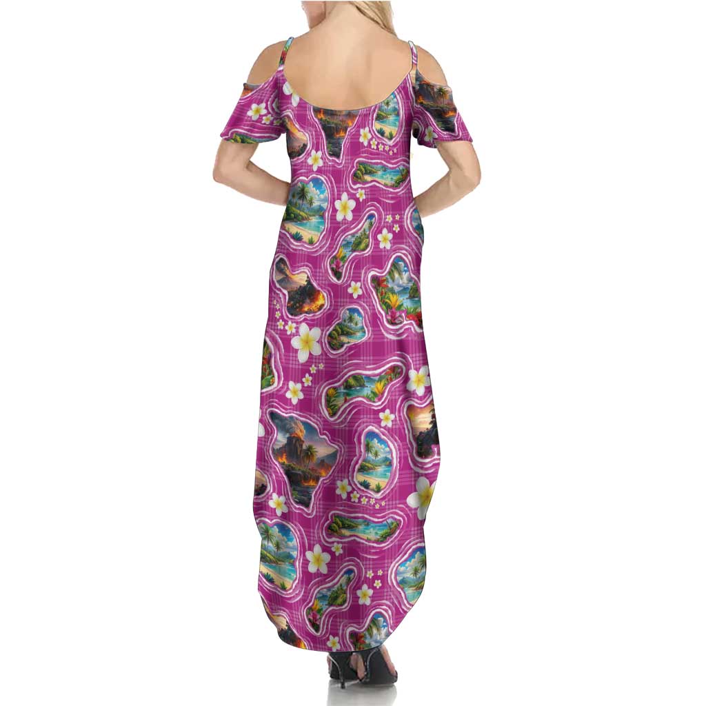 Hawaiian Island Shapes-Iconic Landscape Family Matching Summer Maxi Dress and Hawaiian Shirt with Plumeria and Palaka Pink Color