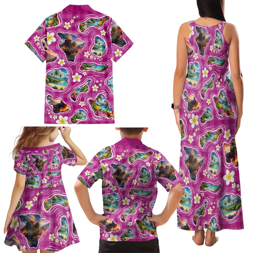 Hawaiian Island Shapes-Iconic Landscape Family Matching Tank Maxi Dress and Hawaiian Shirt with Plumeria and Palaka Pink Color