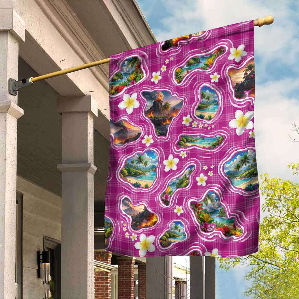 Hawaiian Island Shapes-Iconic Landscape Garden Flag with Plumeria and Palaka Pink Color