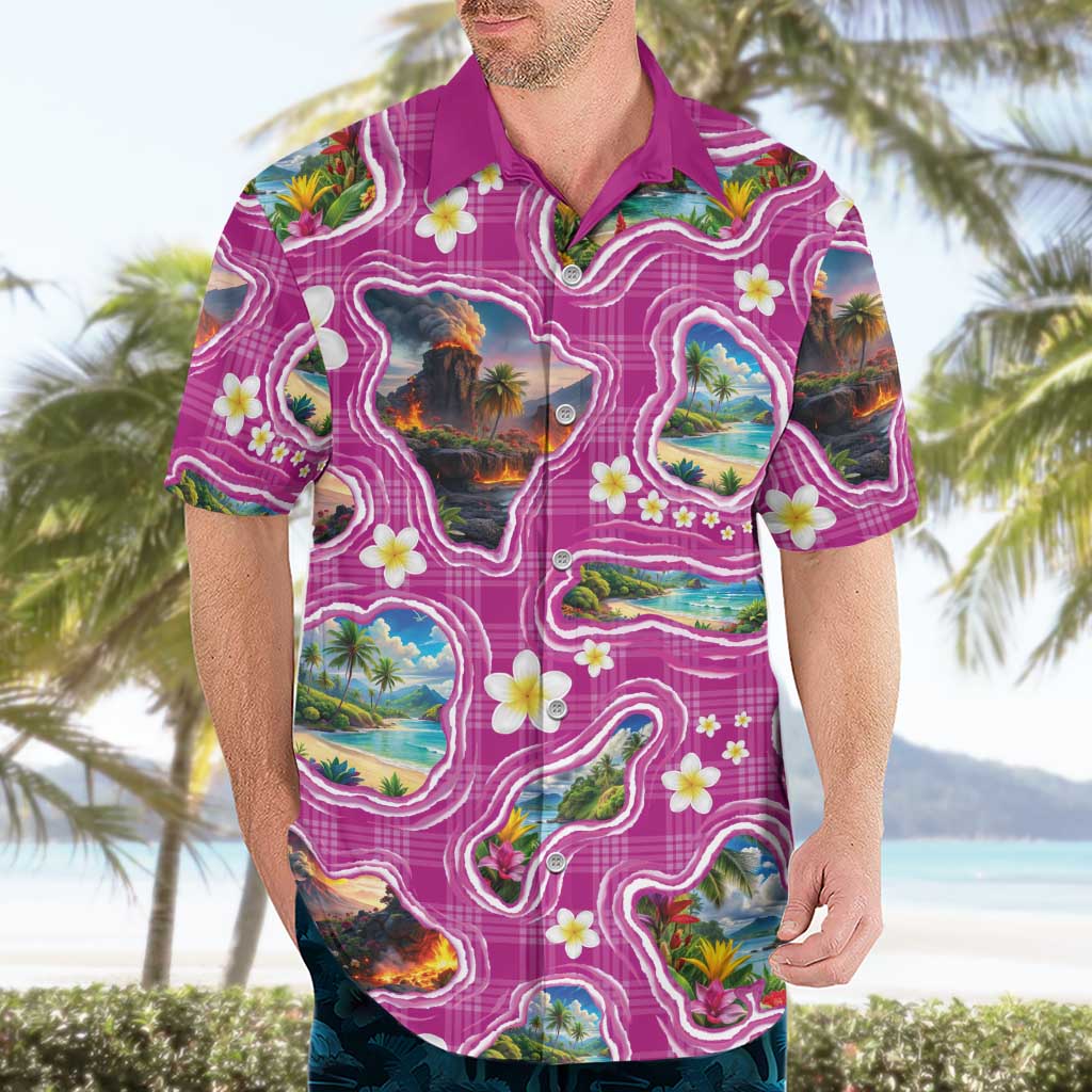 Hawaiian Island Shapes-Iconic Landscape Hawaiian Shirt with Plumeria and Palaka Pink Color