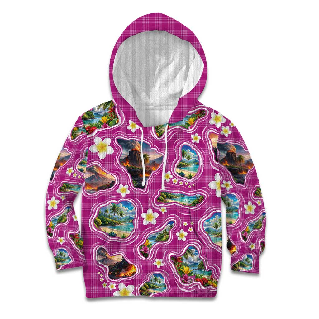 Hawaiian Island Shapes-Iconic Landscape Kid Hoodie with Plumeria and Palaka Pink Color LT03 Hoodie Pink - Polynesian Pride