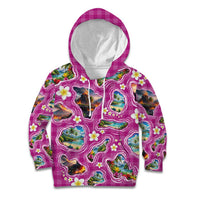 Hawaiian Island Shapes-Iconic Landscape Kid Hoodie with Plumeria and Palaka Pink Color LT03 Hoodie Pink - Polynesian Pride
