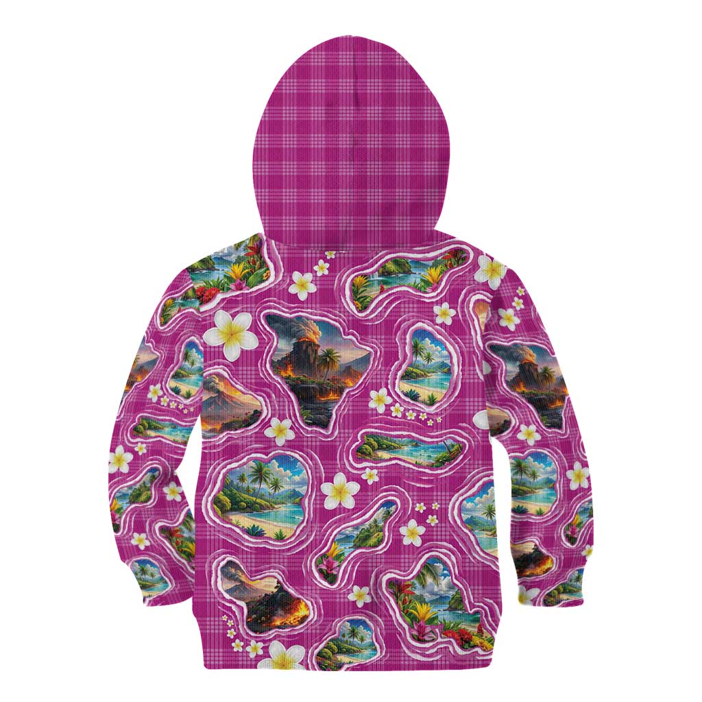 Hawaiian Island Shapes-Iconic Landscape Kid Hoodie with Plumeria and Palaka Pink Color LT03 - Polynesian Pride