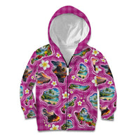 Hawaiian Island Shapes-Iconic Landscape Kid Hoodie with Plumeria and Palaka Pink Color LT03 Zip Hoodie Pink - Polynesian Pride