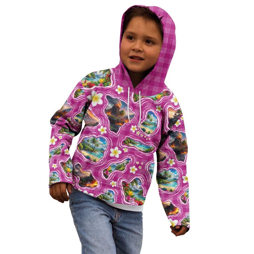 Hawaiian Island Shapes-Iconic Landscape Kid Hoodie with Plumeria and Palaka Pink Color LT03 - Polynesian Pride