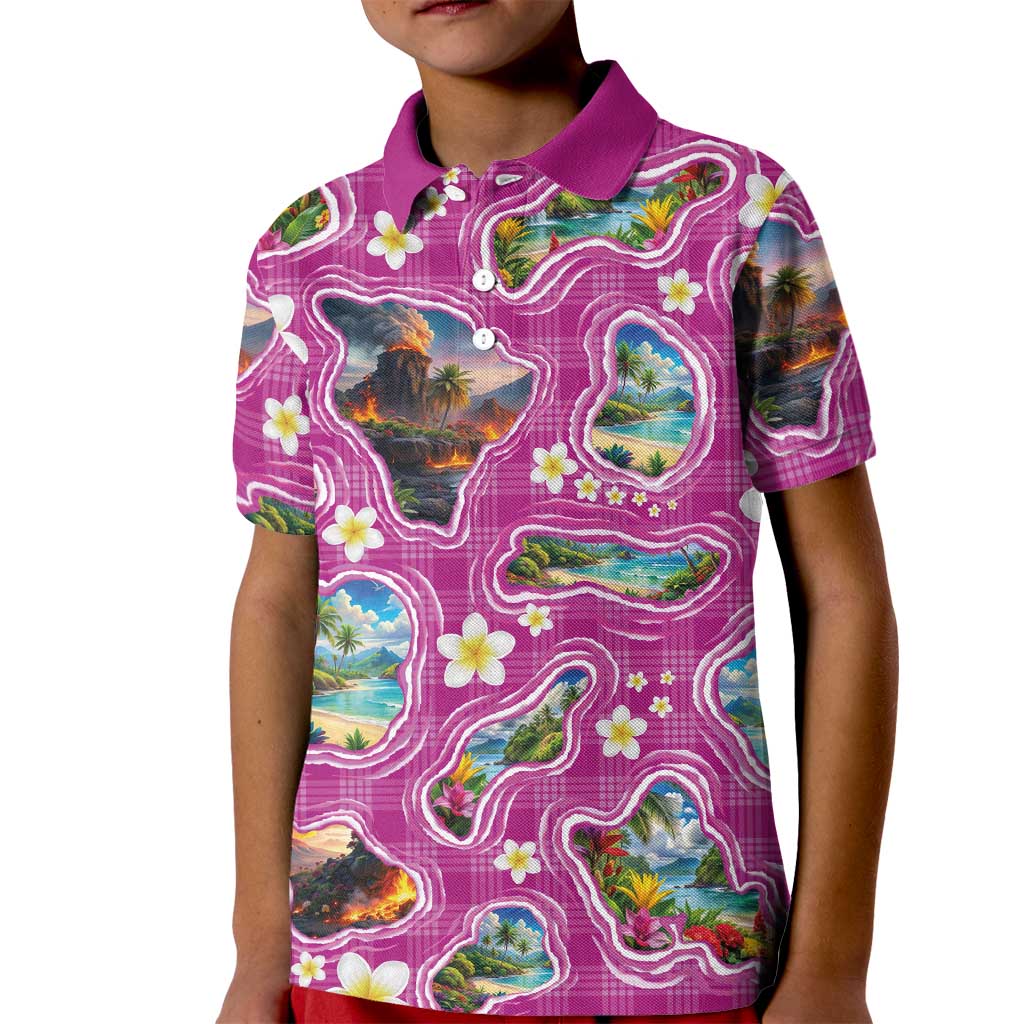 Hawaiian Island Shapes-Iconic Landscape Kid Polo Shirt with Plumeria and Palaka Pink Color