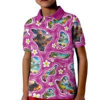 Hawaiian Island Shapes-Iconic Landscape Kid Polo Shirt with Plumeria and Palaka Pink Color