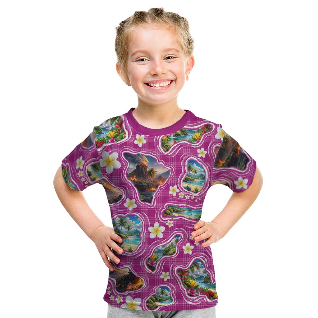Hawaiian Island Shapes-Iconic Landscape Kid T Shirt with Plumeria and Palaka Pink Color