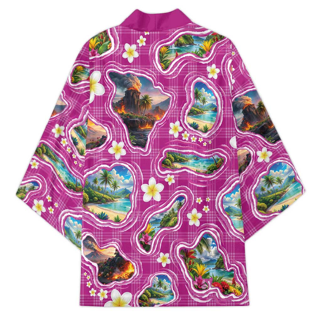 Hawaiian Island Shapes-Iconic Landscape Kimono with Plumeria and Palaka Pink Color LT03 - Polynesian Pride
