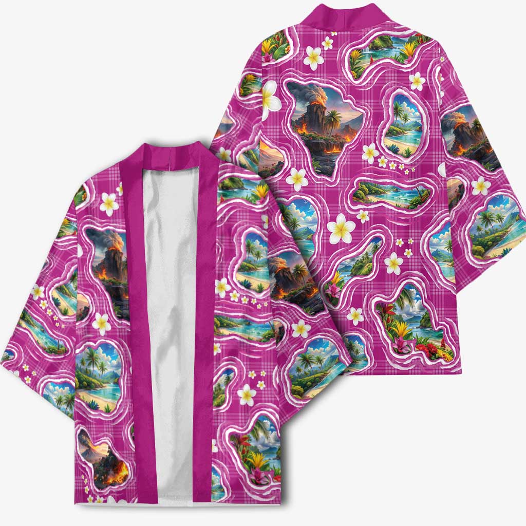 Hawaiian Island Shapes-Iconic Landscape Kimono with Plumeria and Palaka Pink Color LT03 - Polynesian Pride