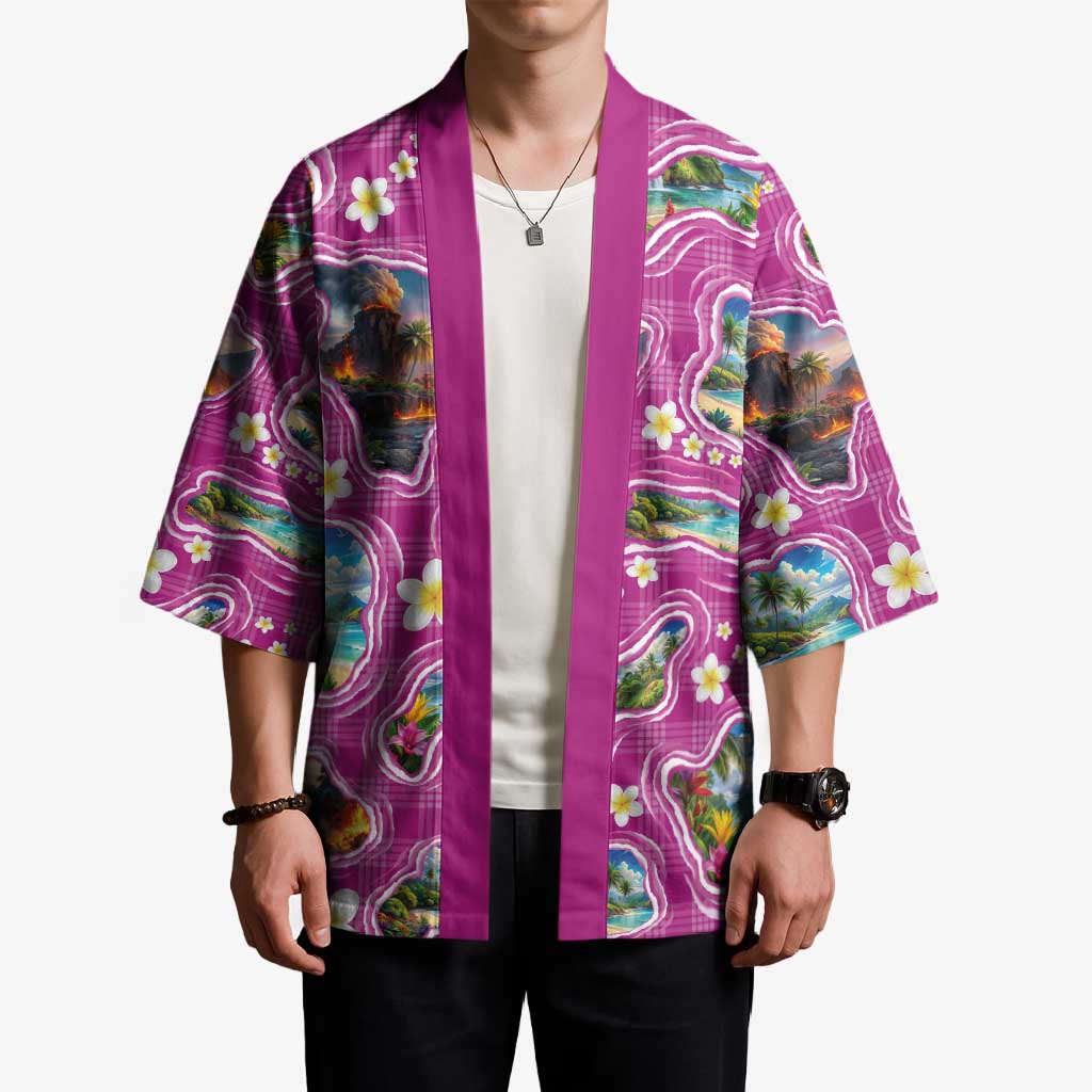 Hawaiian Island Shapes-Iconic Landscape Kimono with Plumeria and Palaka Pink Color LT03 - Polynesian Pride