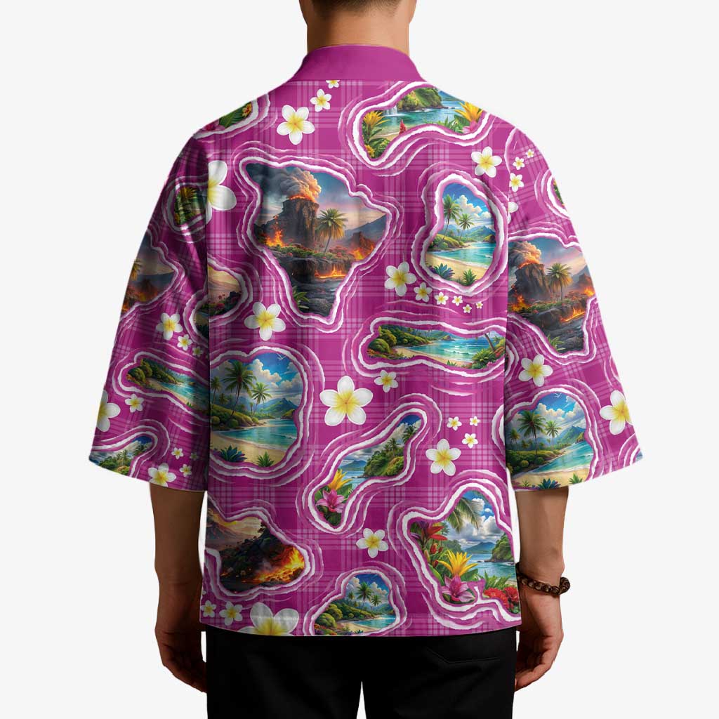 Hawaiian Island Shapes-Iconic Landscape Kimono with Plumeria and Palaka Pink Color LT03 - Polynesian Pride