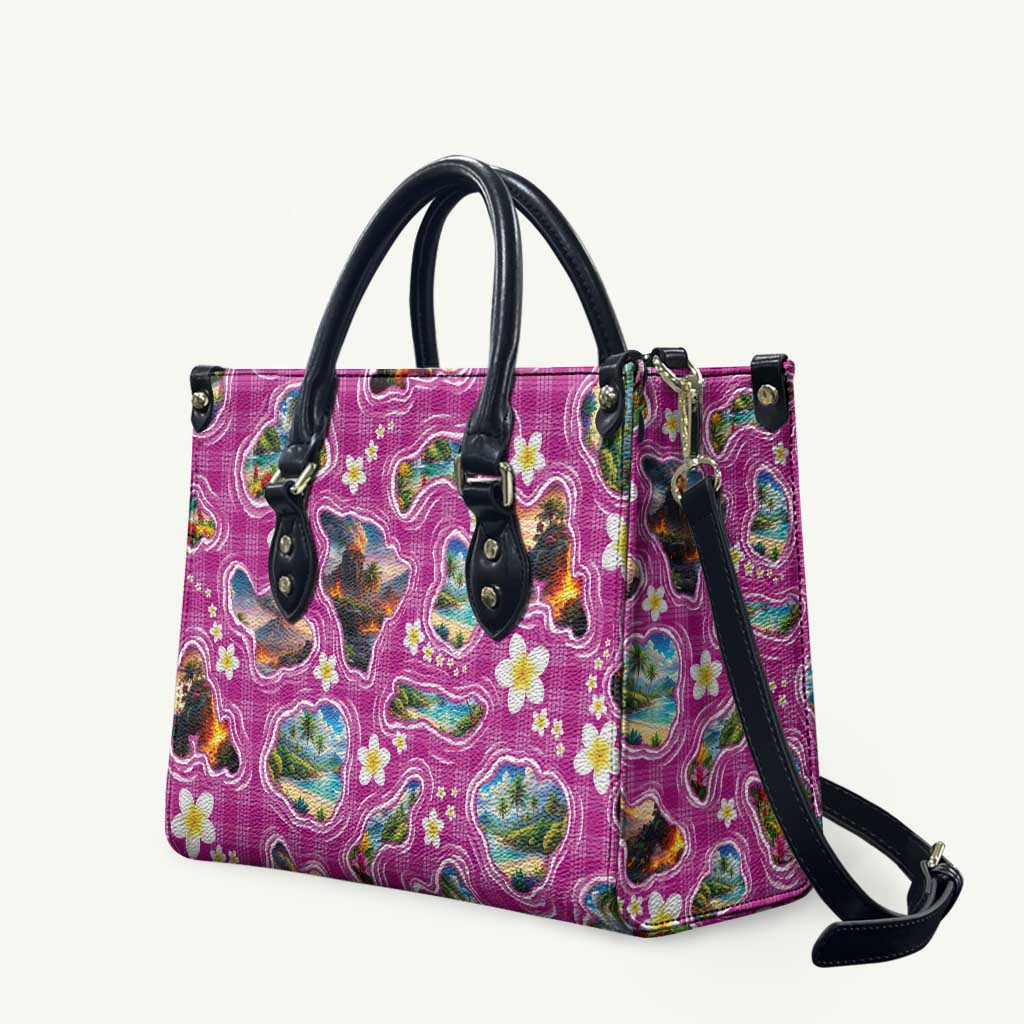 Hawaiian Island Shapes-Iconic Landscape Leather Bag with Plumeria and Palaka Pink Color