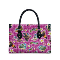 Hawaiian Island Shapes-Iconic Landscape Leather Bag with Plumeria and Palaka Pink Color