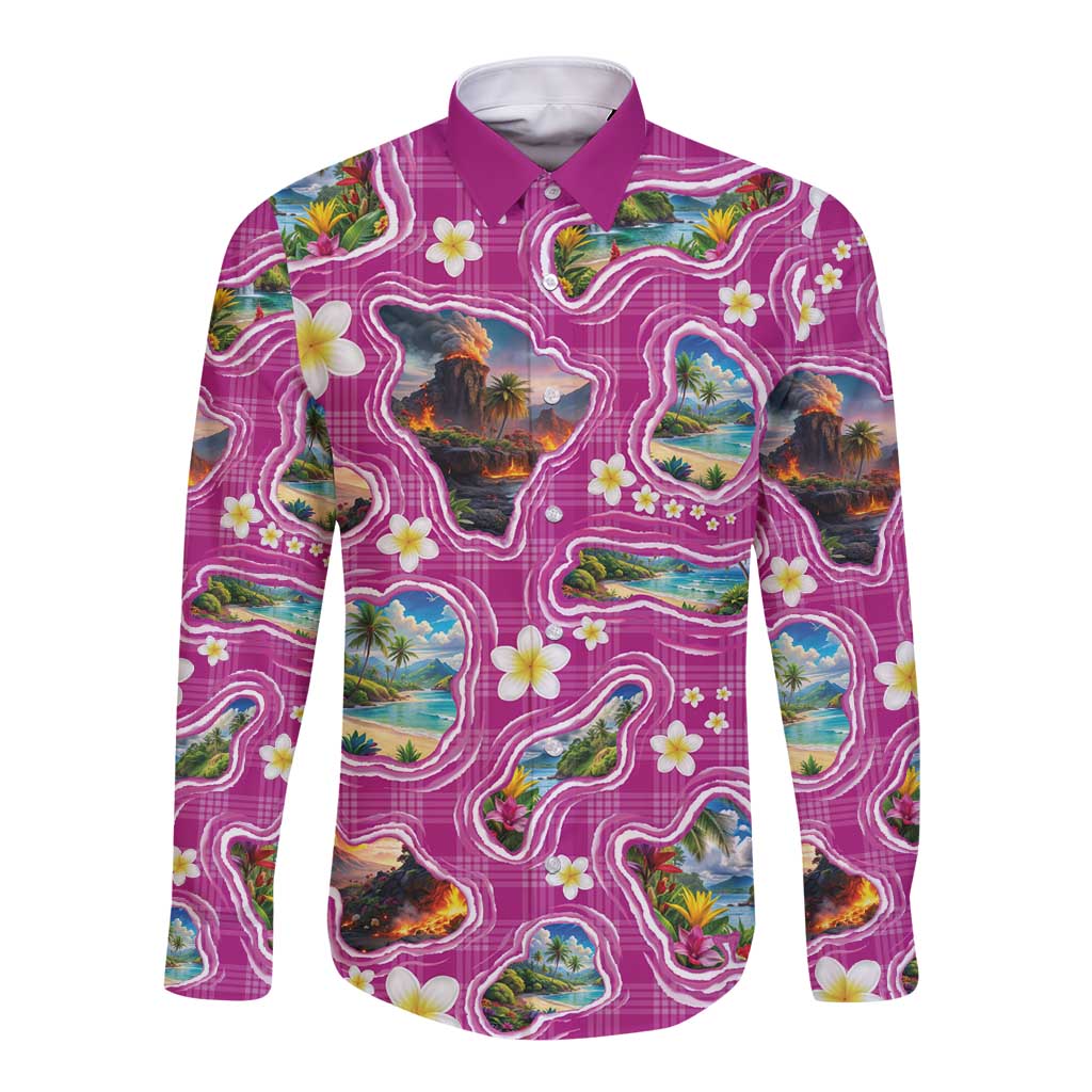 Hawaiian Island Shapes-Iconic Landscape Long Sleeve Button Shirt with Plumeria and Palaka Pink Color LT03 Unisex Pink - Polynesian Pride