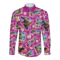 Hawaiian Island Shapes-Iconic Landscape Long Sleeve Button Shirt with Plumeria and Palaka Pink Color LT03 Unisex Pink - Polynesian Pride