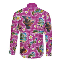 Hawaiian Island Shapes-Iconic Landscape Long Sleeve Button Shirt with Plumeria and Palaka Pink Color LT03 - Polynesian Pride