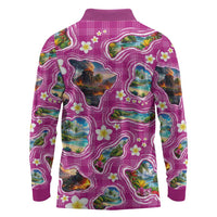 Hawaiian Island Shapes-Iconic Landscape Long Sleeve Polo Shirt with Plumeria and Palaka Pink Color