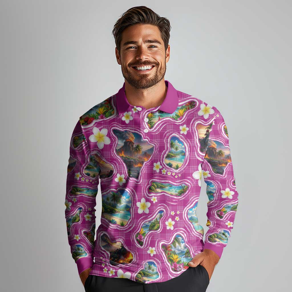 Hawaiian Island Shapes-Iconic Landscape Long Sleeve Polo Shirt with Plumeria and Palaka Pink Color