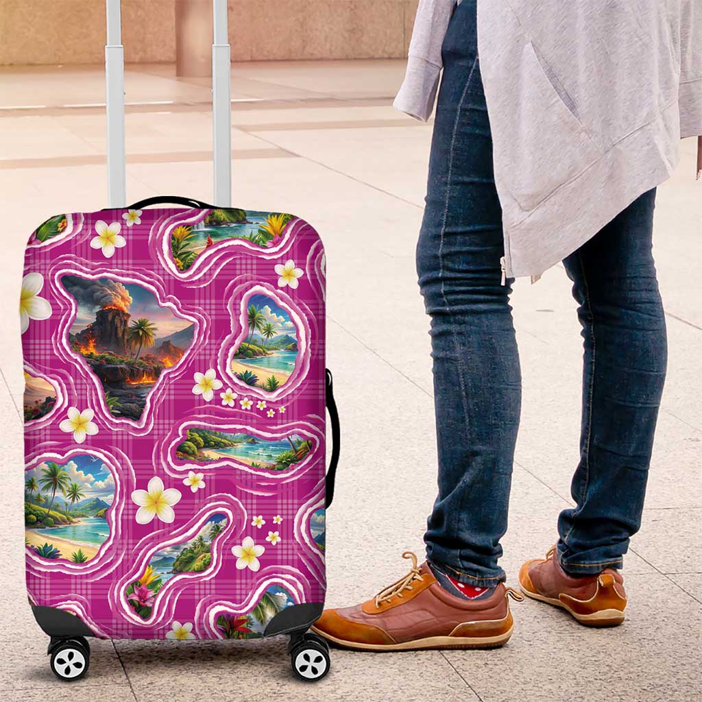 Hawaiian Island Shapes-Iconic Landscape Luggage Cover with Plumeria and Palaka Pink Color