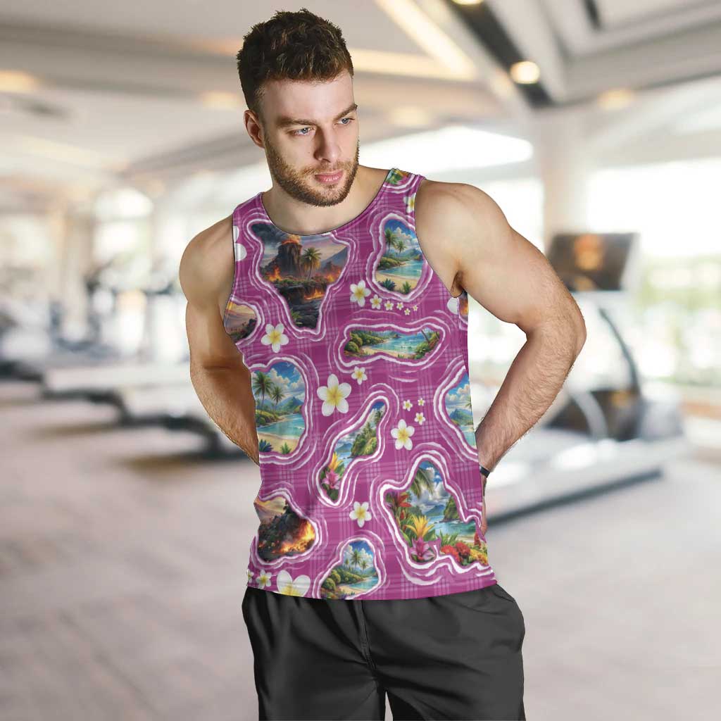 Hawaiian Island Shapes-Iconic Landscape Men Tank Top with Plumeria and Palaka Pink Color