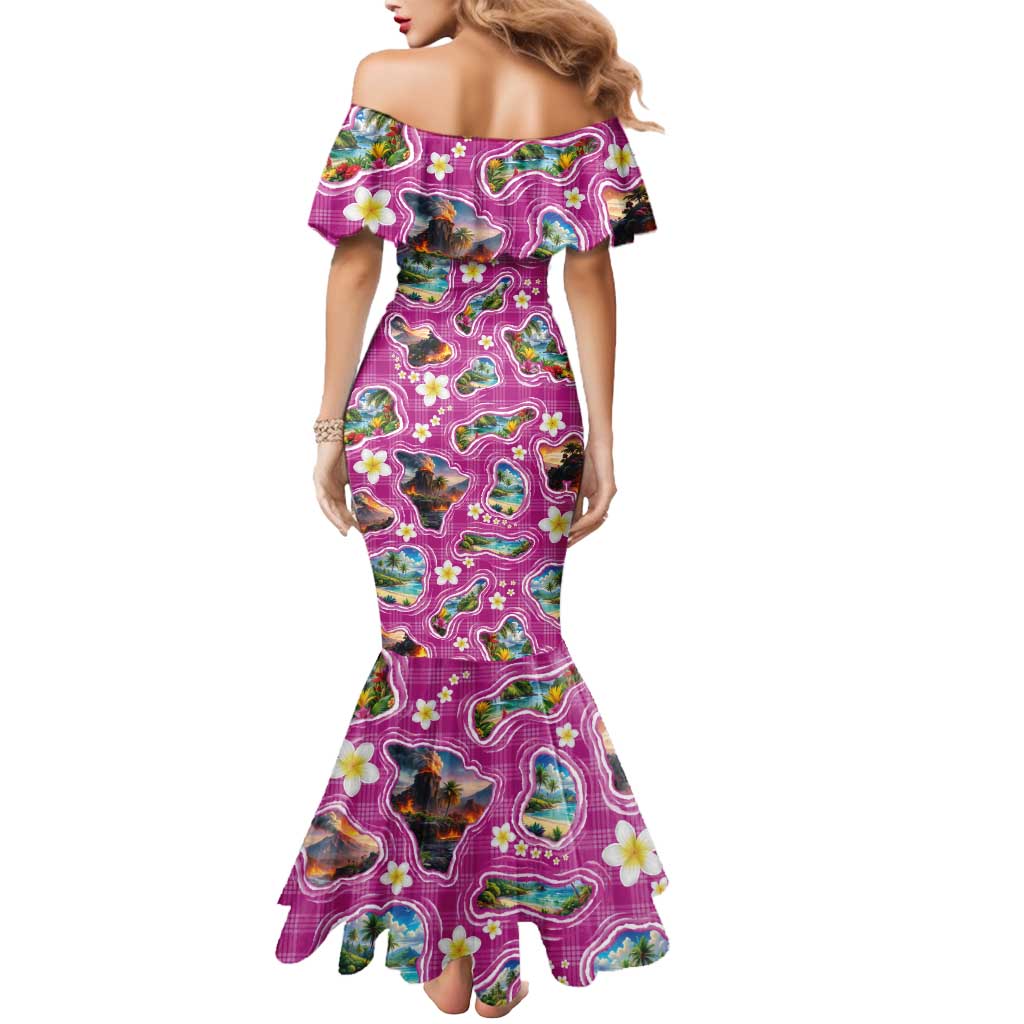 Hawaiian Island Shapes-Iconic Landscape Mermaid Dress with Plumeria and Palaka Pink Color